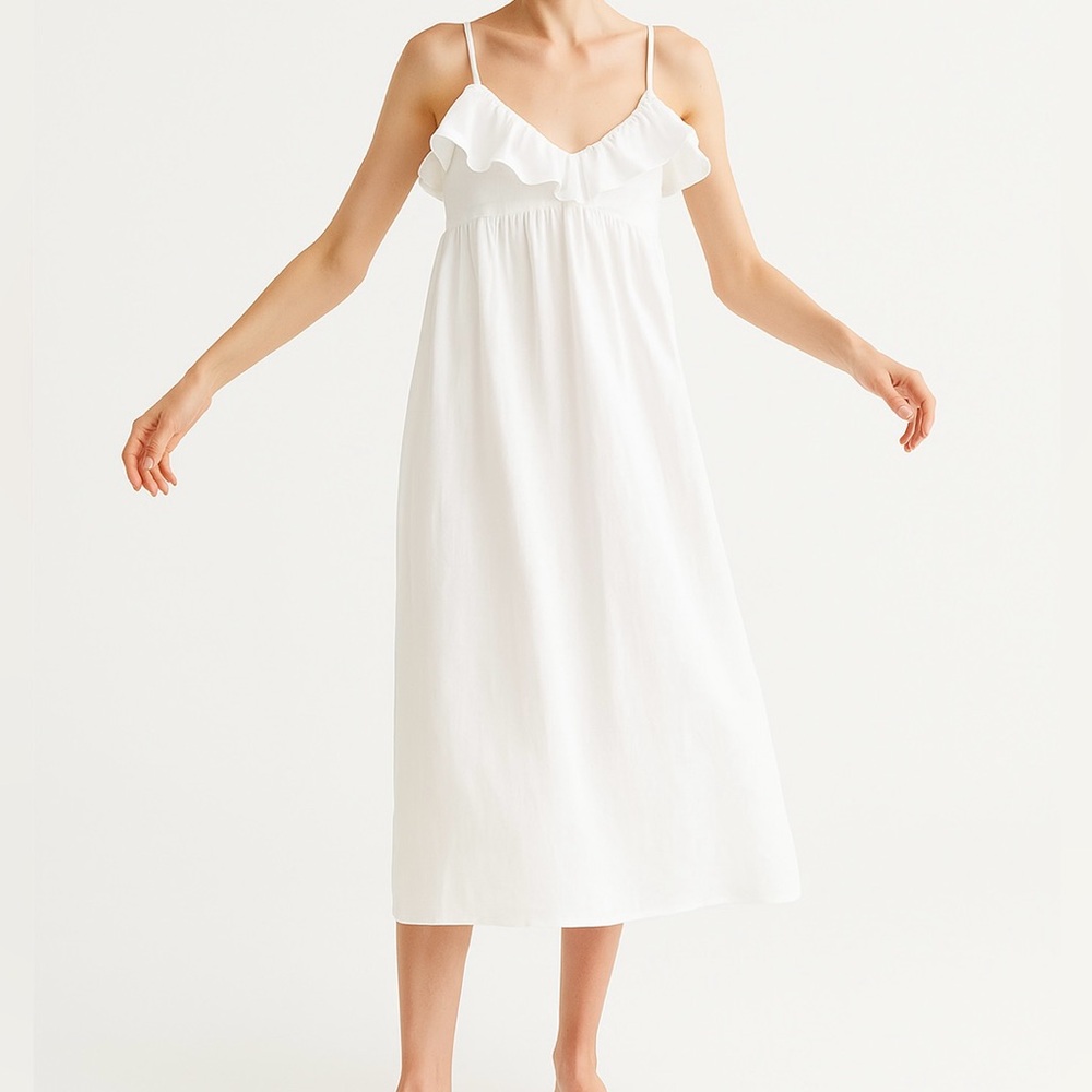 H&M White Poplin Cotton Maxi Ruffle V-Neck Dress SMALL